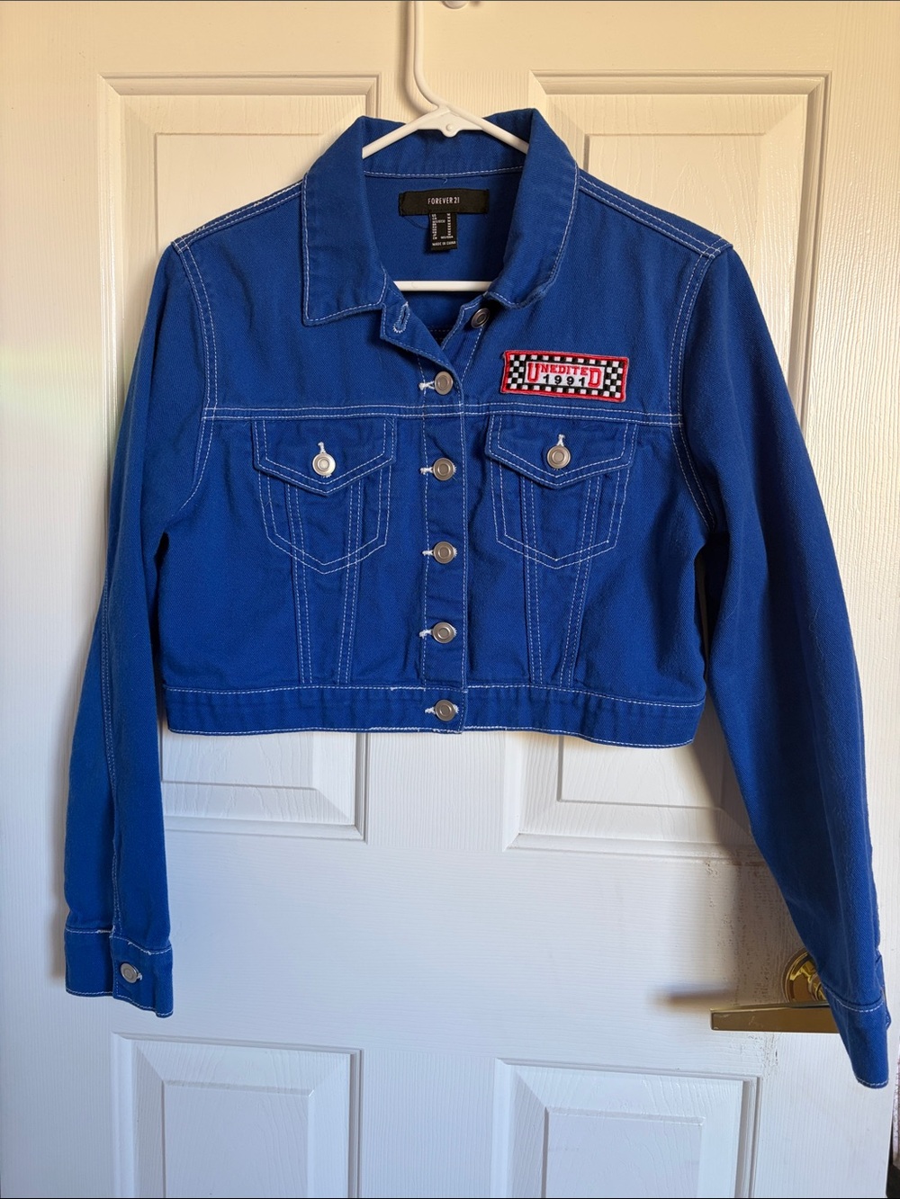 Forever 21 Bright Blue Cropped Denim Jacket with Embroidered Patch